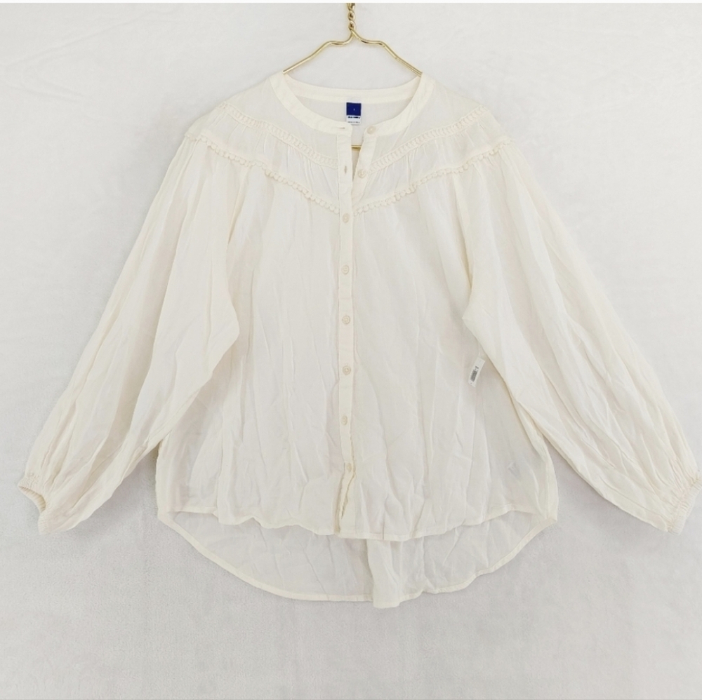 NWOT Old Navy Cream Embroidered Boho Peasant Poet Blouse Size Large